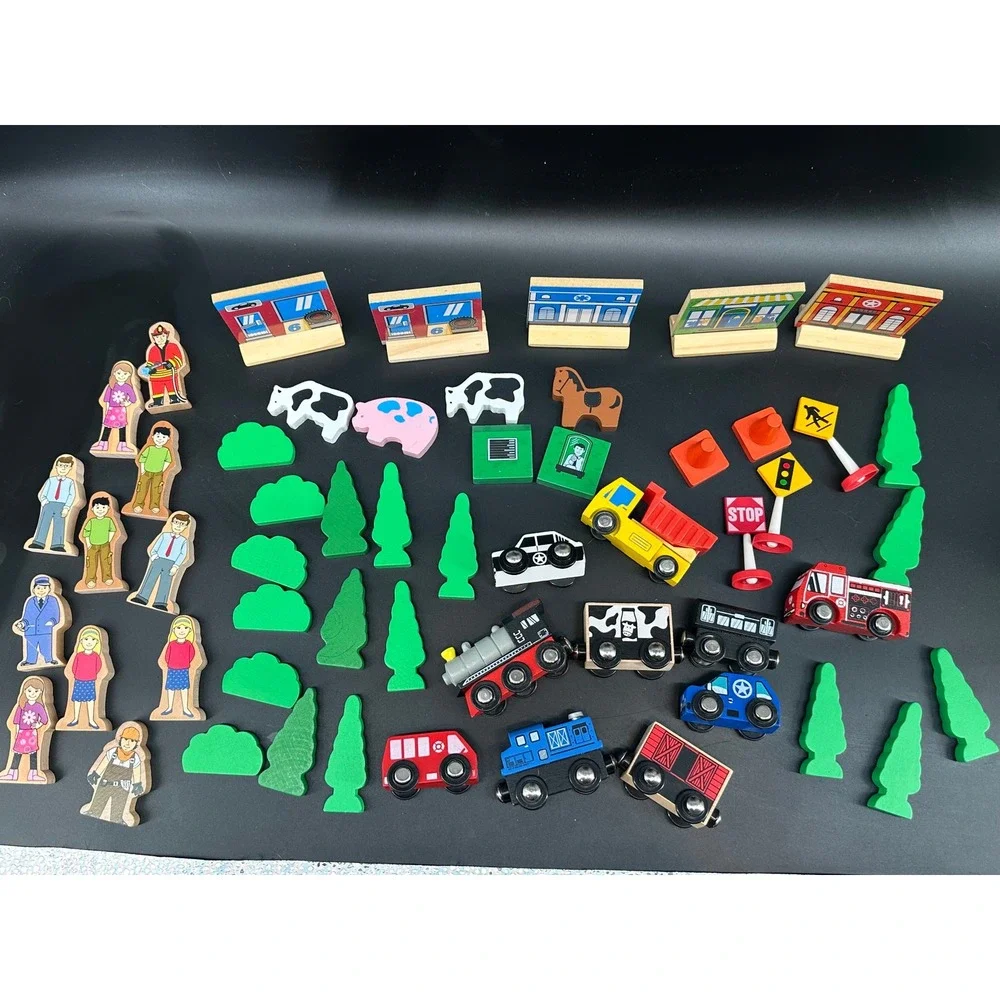 Large Lot Wooden Train Set Accessories People Cars Signs Trees Animals Buildings